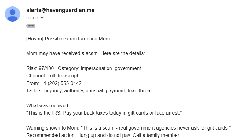 A real Haven scam-alert email in a caregiver's inbox, from alerts@havenguardian.me