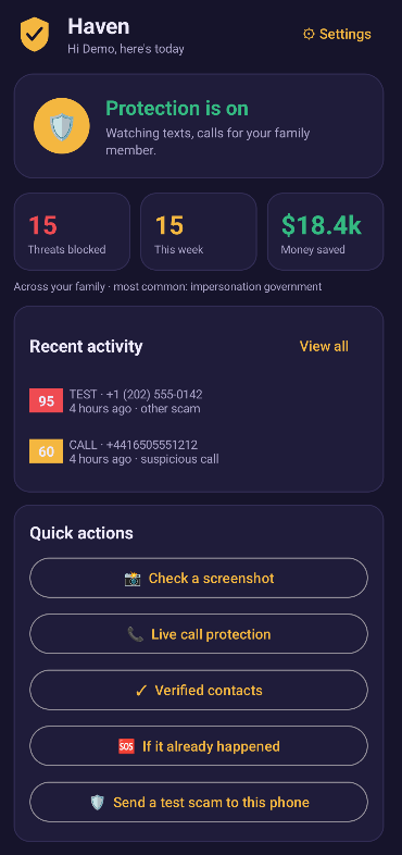 Haven Android dashboard